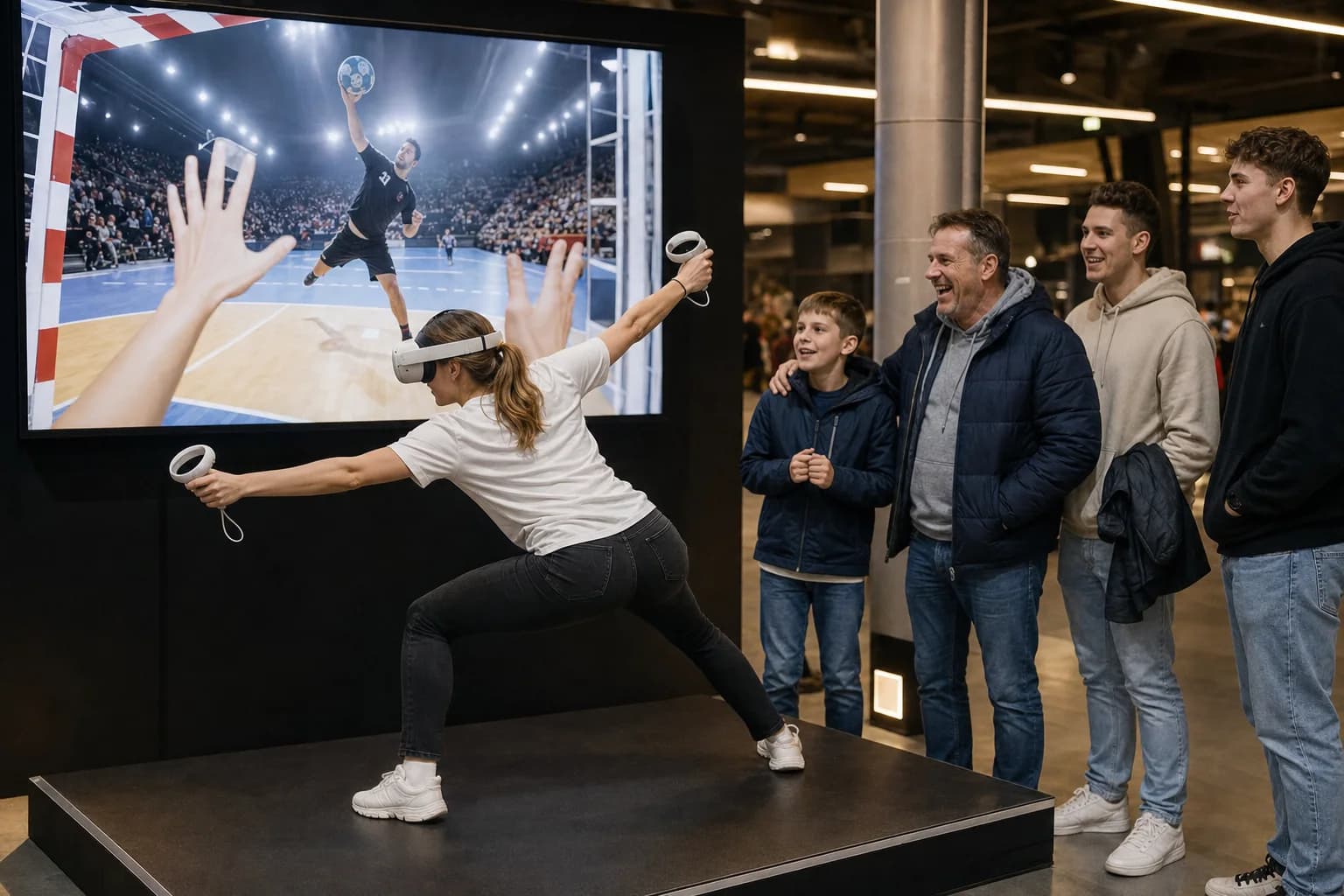 Young woman in a VR headset blocking a shot as a goalkeeper in a handball arena fan zone; the screen behind her shows the virtual shot