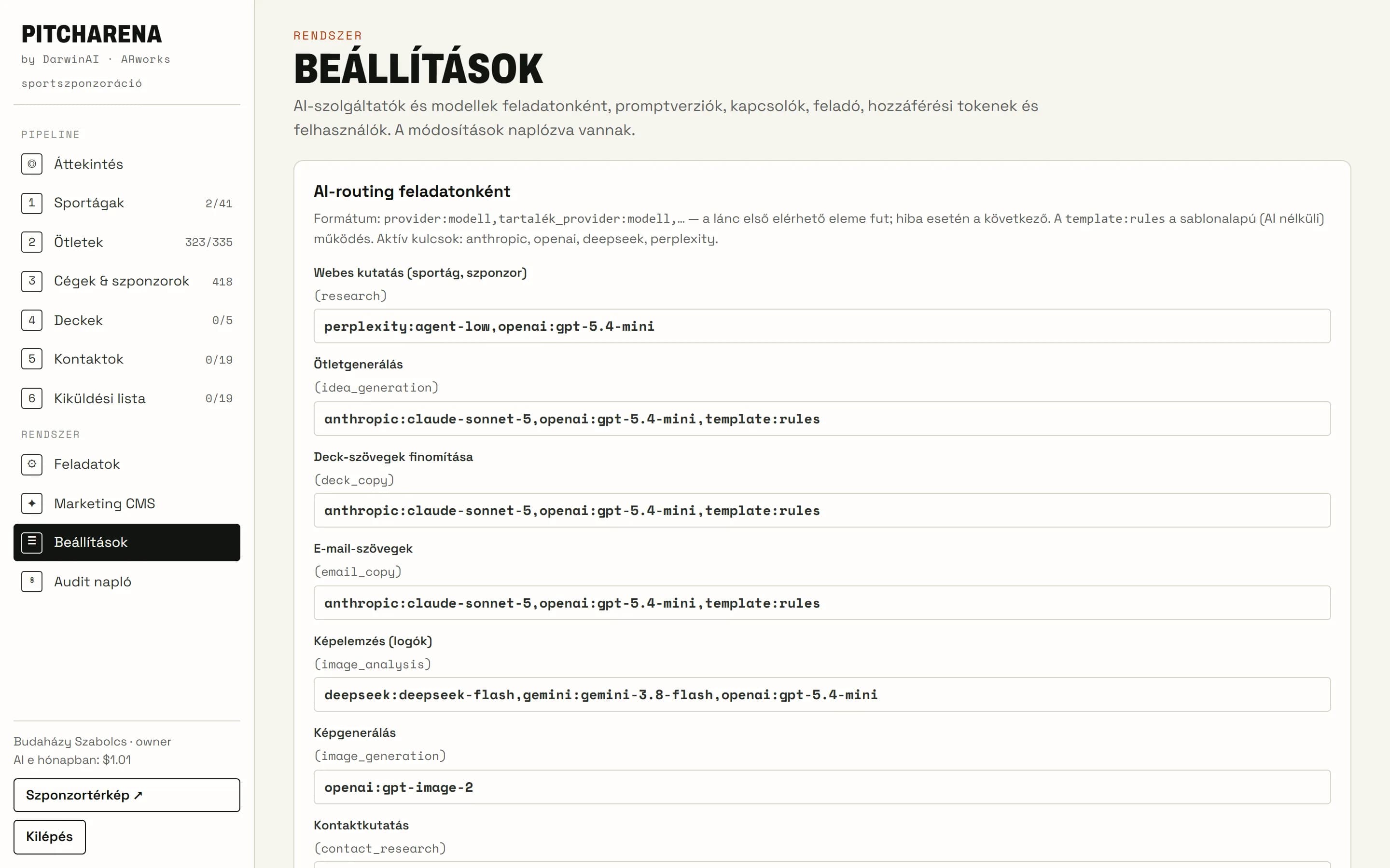 Rendszer · Beállítások: AI-routing és promptok