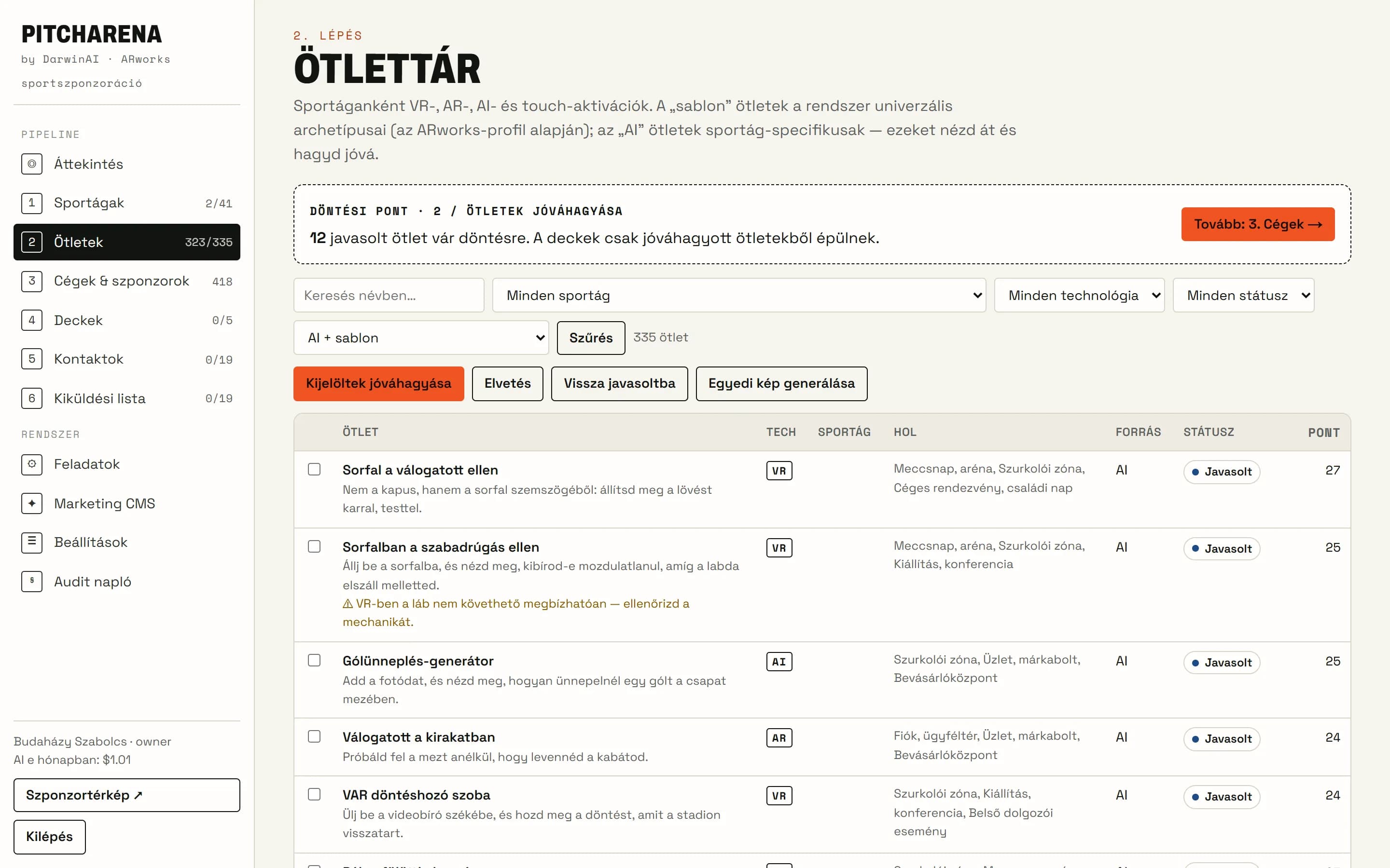 2. lépés · Ötlettár: Ötletek, sportágra szabva